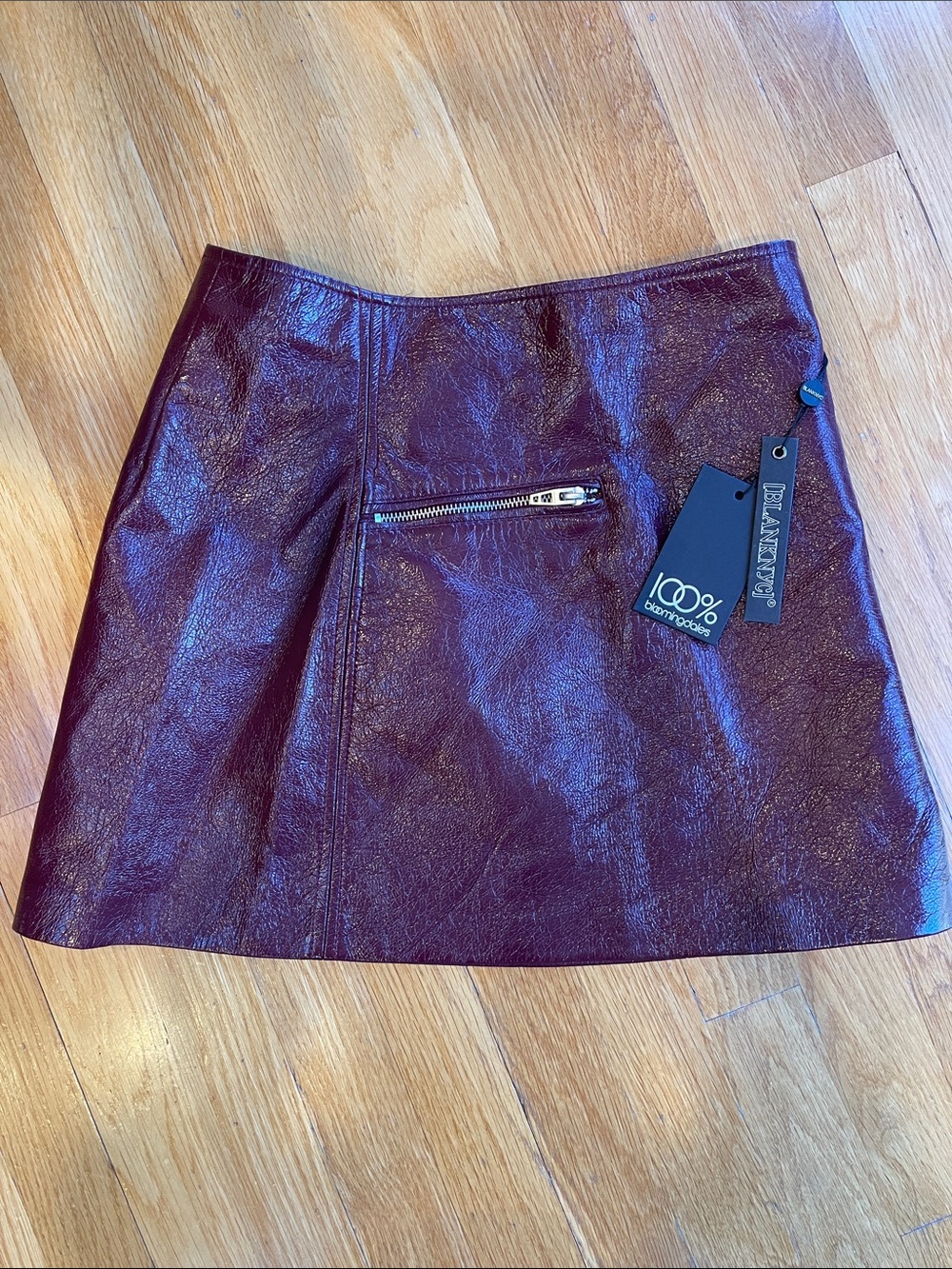 Blank NYC Metallic Wine Faux-Leather Mini Skirt with Zip Pocket